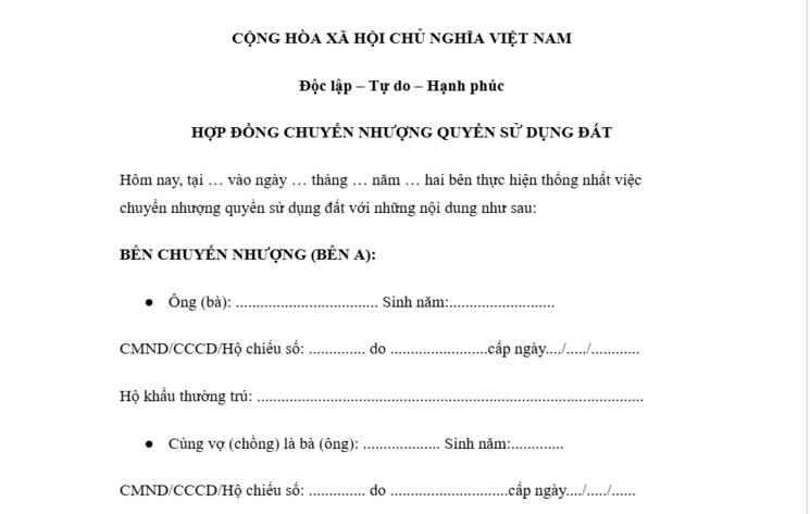 Mẫu hợp đồng chuyển nhượng quyền sử dụng đất