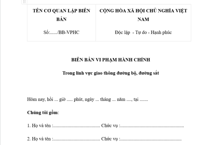 Mẫu biên bản vi phạm hành chính giao thông đường bộ 