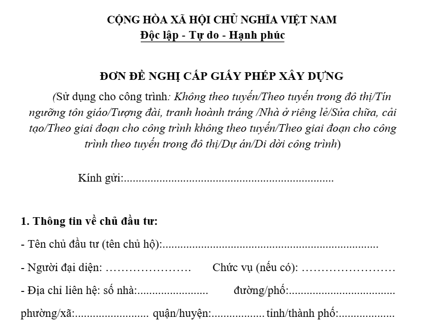 Mẫu đơn xin giấy phép xây dựng