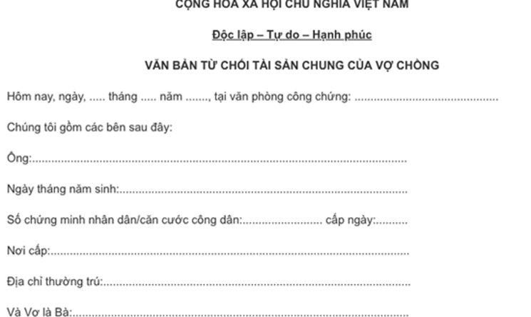 Hướng dẫn mẫu đơn từ chối thừa nhận tài sản chung của vợ chồng